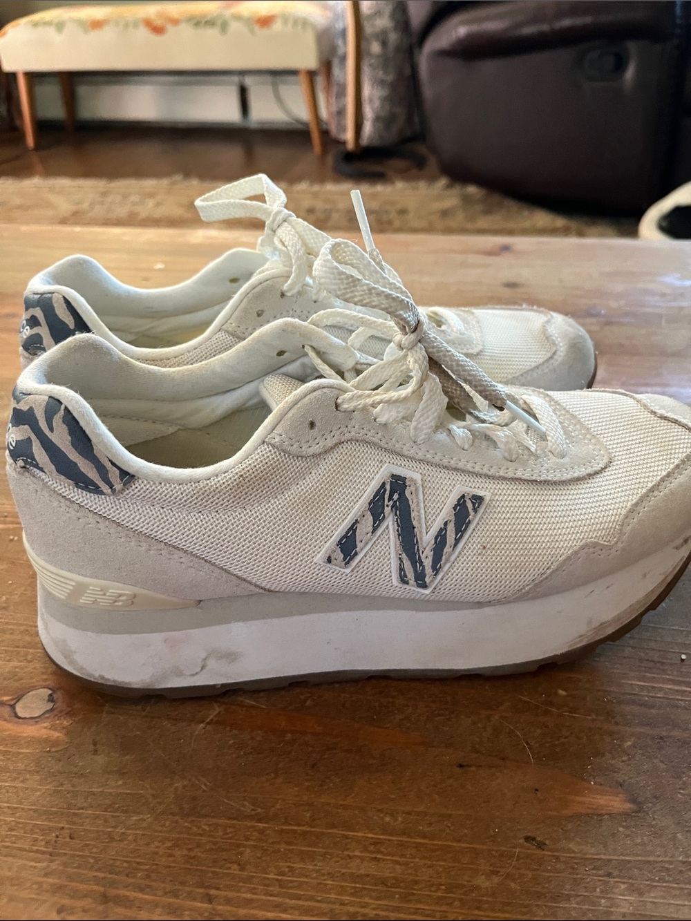 New Balance 515 Cream and Blue Zebra Accent Platform Sneakers